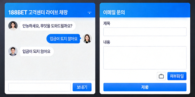 188BET 고객센터 라이브 채팅 창과 이메일 문의 양식 예시