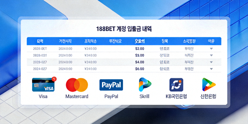 188BET 계정의 입출금 내역 페이지와 다양한 결제 수단 로고