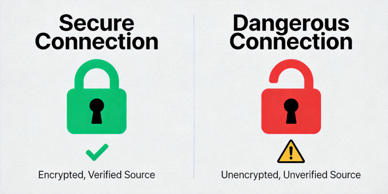 보안 자물쇠 아이콘과 함께 안전한 접속과 위험한 접속을 비교하는 그림
