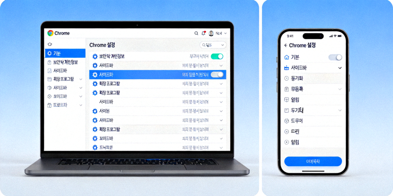 컴퓨터와 스마트폰의 브라우저 설정 메뉴를 보여주는 이미지