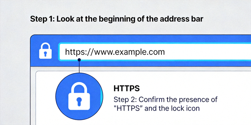 웹 브라우저 주소창에서 HTTPS와 자물쇠 아이콘을 확인하는 방법을 보여주는 예시 이미지